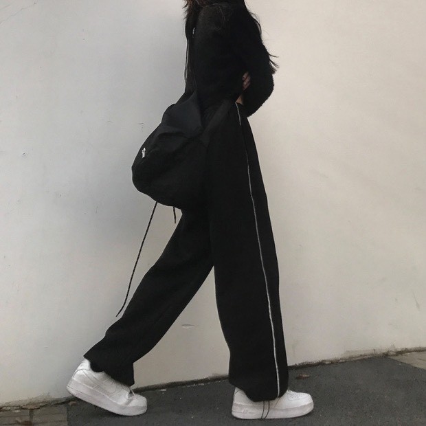 Quần ống rộng 1 sọc cạnh dày dặn dáng suông cạp chun nam nữ Quần jogger rút gấu unisex đen vạch trắng thể dục T47G