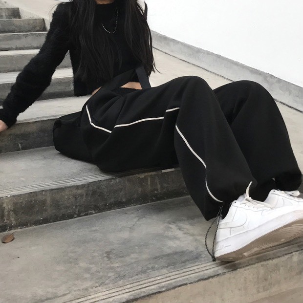 Quần ống rộng 1 sọc cạnh dày dặn dáng suông cạp chun nam nữ Quần jogger rút gấu unisex đen vạch trắng thể dục T47G