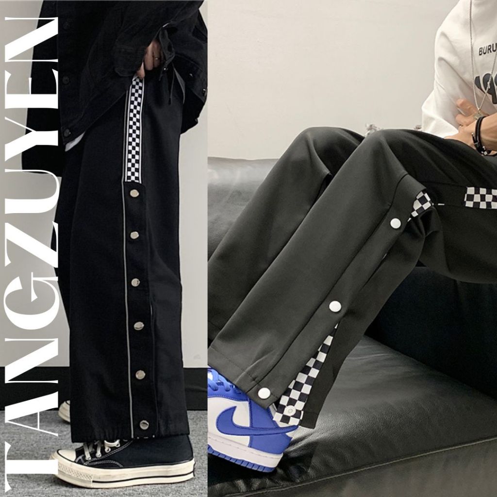 Quần Ống Rộng Unisex Phối Viền Caro Kẻ Sọc Đóng Cúc Xẻ Tà Chất Umi Dày Dặn Phong Cách Hàn Quốc Q031