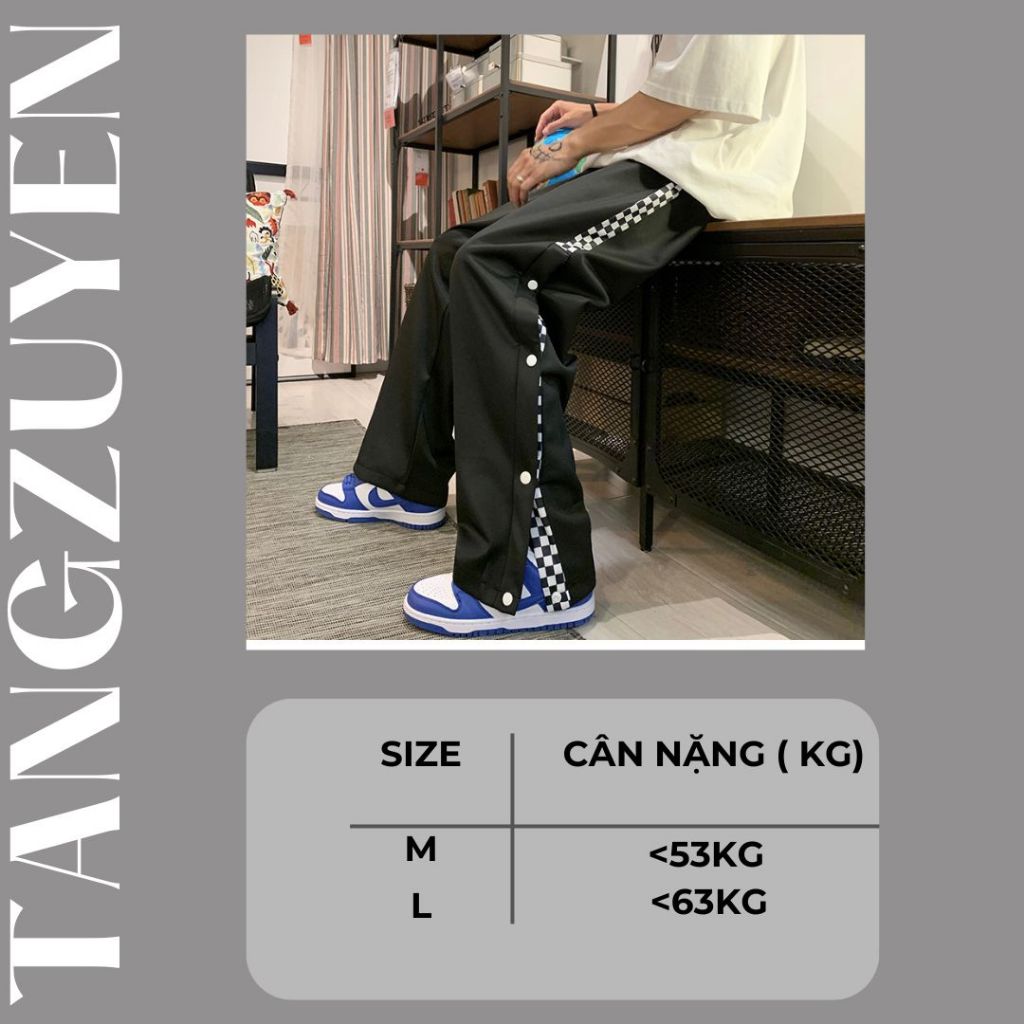 Quần Ống Rộng Unisex Phối Viền Caro Kẻ Sọc Đóng Cúc Xẻ Tà Chất Umi Dày Dặn Phong Cách Hàn Quốc Q031