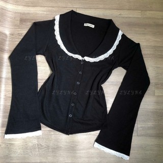 Áo cổ ren tay ren cúc dáng ôm, áo len cardigan nữ, cổ ren màu trơn phòng cách mùa đông