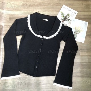 Áo cổ ren tay ren cúc dáng ôm, áo len cardigan nữ, cổ ren màu trơn phòng cách mùa đông