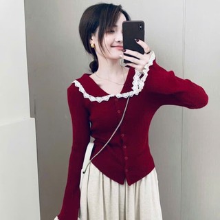 Áo cổ ren tay ren cúc dáng ôm, áo len cardigan nữ, cổ ren màu trơn phòng cách mùa đông