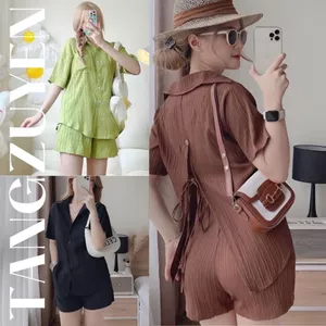 Bộ Áo Sơ Mi Dây Buộc Lưng Quần Short xanh bơ cốm trắng SQ029 Set Quần Đùi Áo Somi Cộc Tay Dáng Thụng Vải Đũi Gân 2 Màu