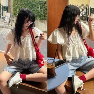 Áo nữ vải voan mỏng babydoll màu trắng cổ tròn phối bèo tay phồng xinh xắn kiểu Hàn VANISA CT442