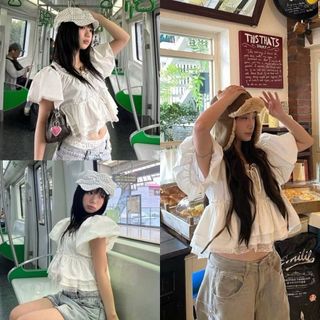 Áo babydoll trắng cổ tròn voan mỏng tay bồng dáng rộng freesize VANISA CT442