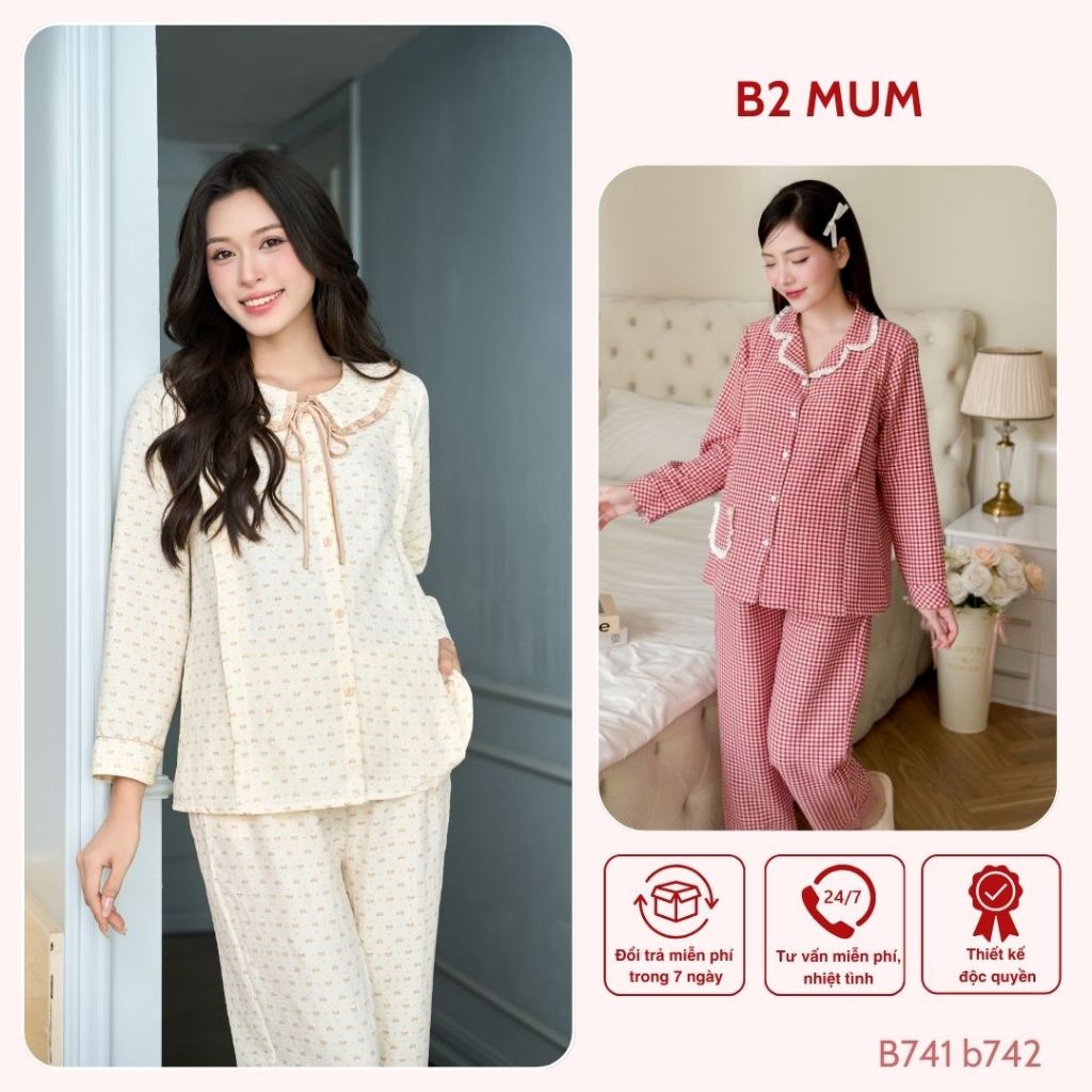 Bộ đồ đũi dáng dài, áo khóa dọc tiện lợi cho con bú quần chun chỉnh, mặc 4 mùa dành cho mẹ bầu và sau sinh B2MUM