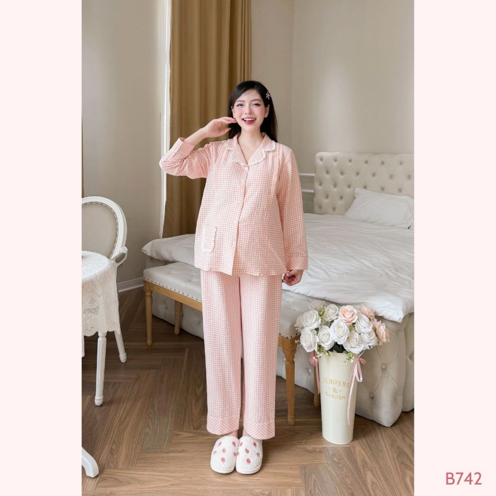 Bộ đồ đũi dáng dài, áo khóa dọc tiện lợi cho con bú quần chun chỉnh, mặc 4 mùa dành cho mẹ bầu và sau sinh B2MUM