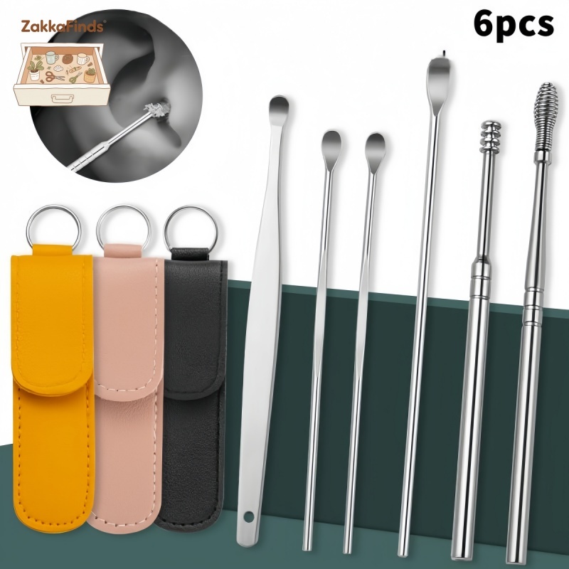 Bộ Dụng Cụ Lấy Ráy Tay Làm Sạch Ráy Tai 6 Món Làm Bằng Thép Kèm Túi Đựng Tiện Dụng