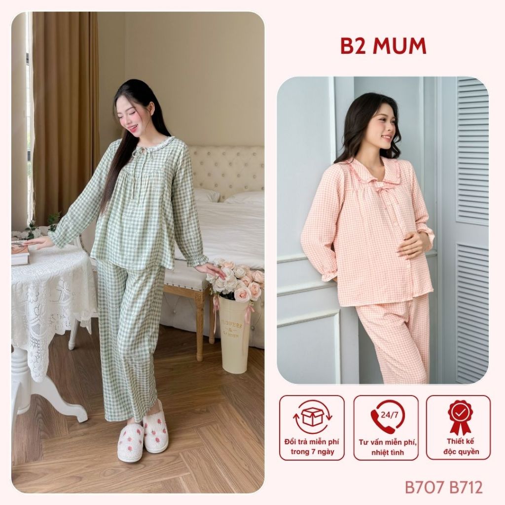 Bộ bầu mặc nhà và sau sinh Đũi cao cấp mềm nhẹ mát Áo có khóa dọc bé ti và quần chun chỉnh bụng - B707 B2MUM