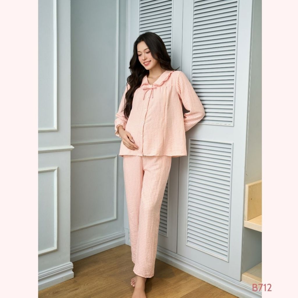 Bộ bầu mặc nhà và sau sinh Đũi cao cấp mềm nhẹ mát Áo có khóa dọc bé ti và quần chun chỉnh bụng - B707 B2MUM