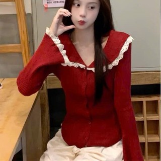 Áo Len Dệt Kim Len Phong Cách Mùa Thu Dành Cho Nữ, Áo Dài Tay Phối Ren Dễ Phối Cổ Búp Bê RUSY