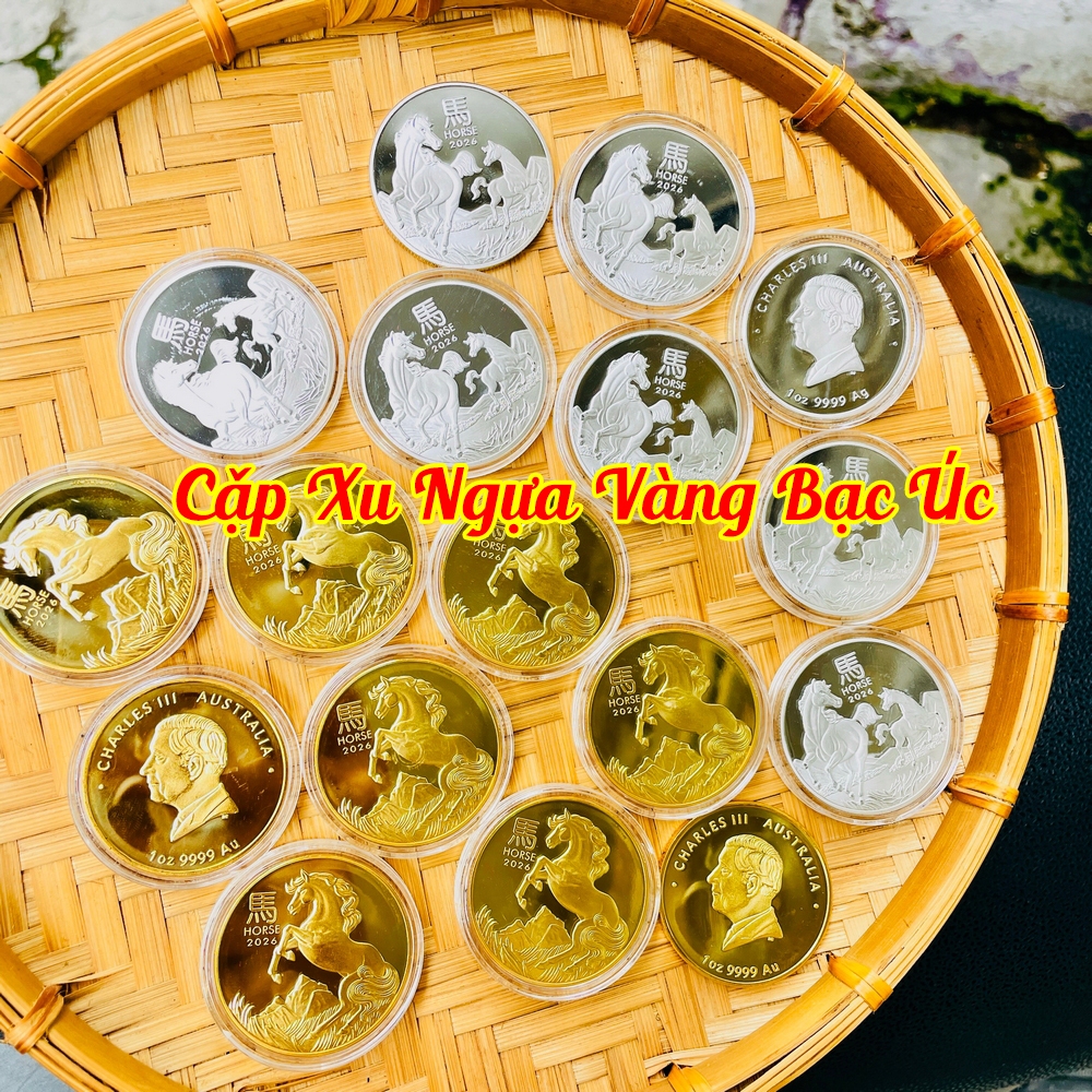 Combo 10 Đồng kèm Túi , Xu Có Hình Ngựa Vàng của Úc - túi LỘC gấm đỏ tặng kèm mỗi xu
