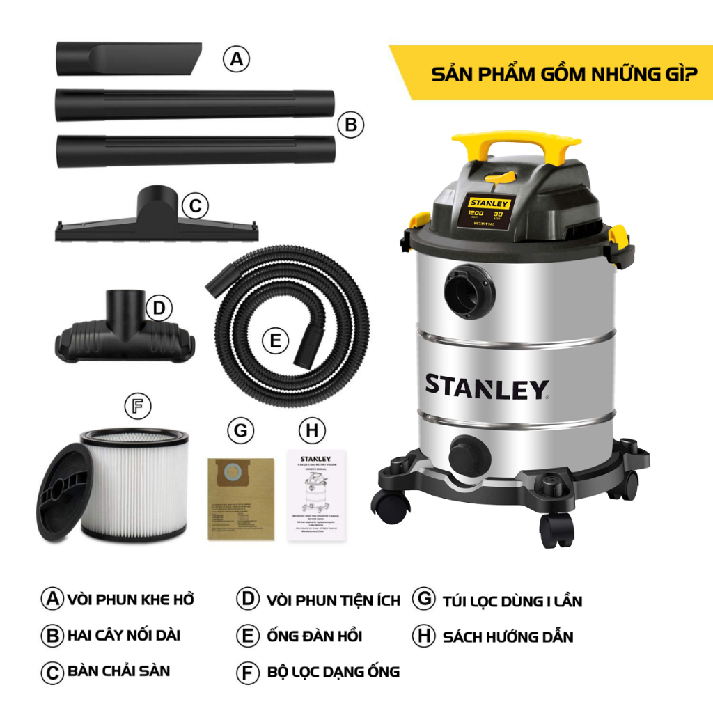 Máy hút bụi công nghiệp khô/ ướt /thổi Stanley SL19417-8AB- thùng Inox 30l - BH12 tháng