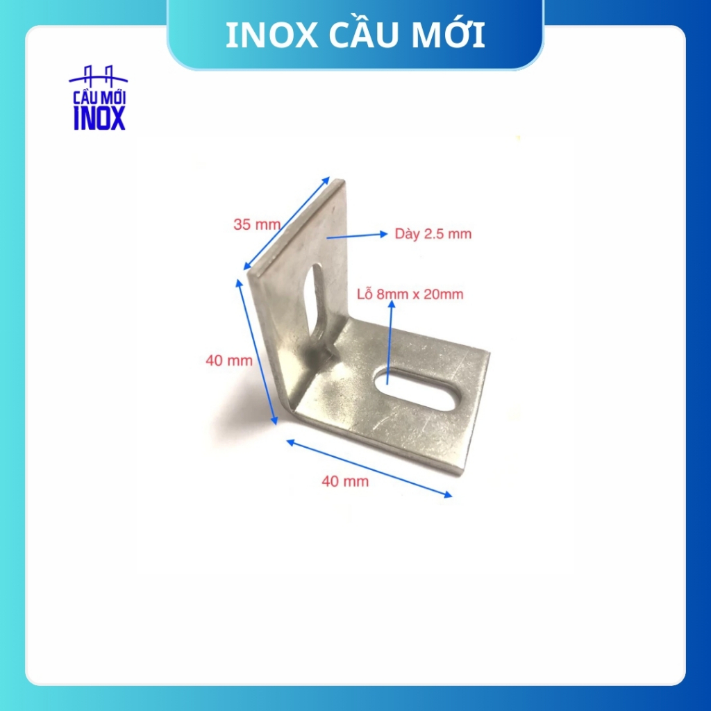 Bass inox 304 chữ L dày 2.5mm - Bản lề góc 90 độ cố định đá, gỗ, tường – Lỗ 8x20mm