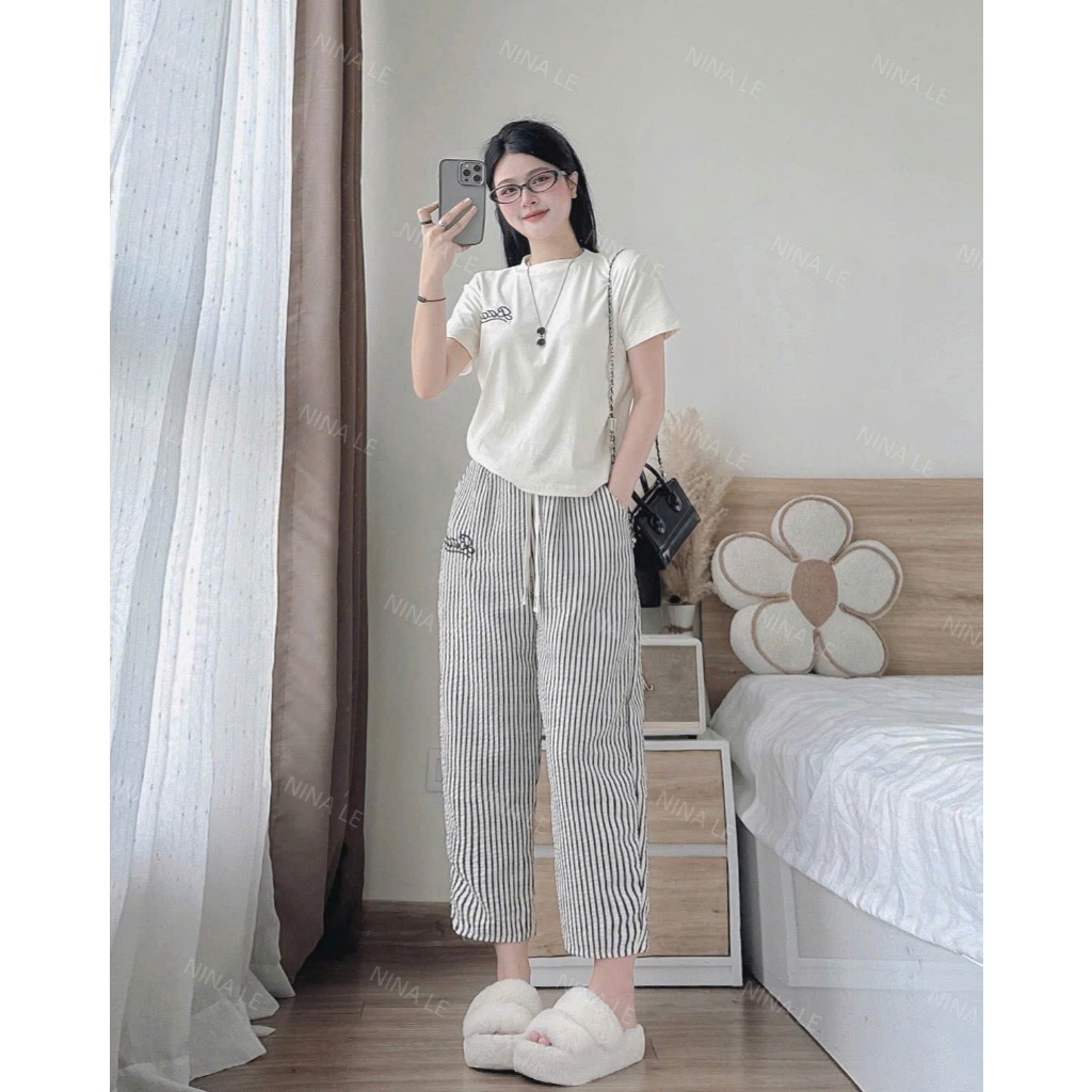 đồ bộ nữ áo thun cộc tay +  quần sọc xốp from baggy siêu xinh, set đồ nữ mặc nhà, dạo phố