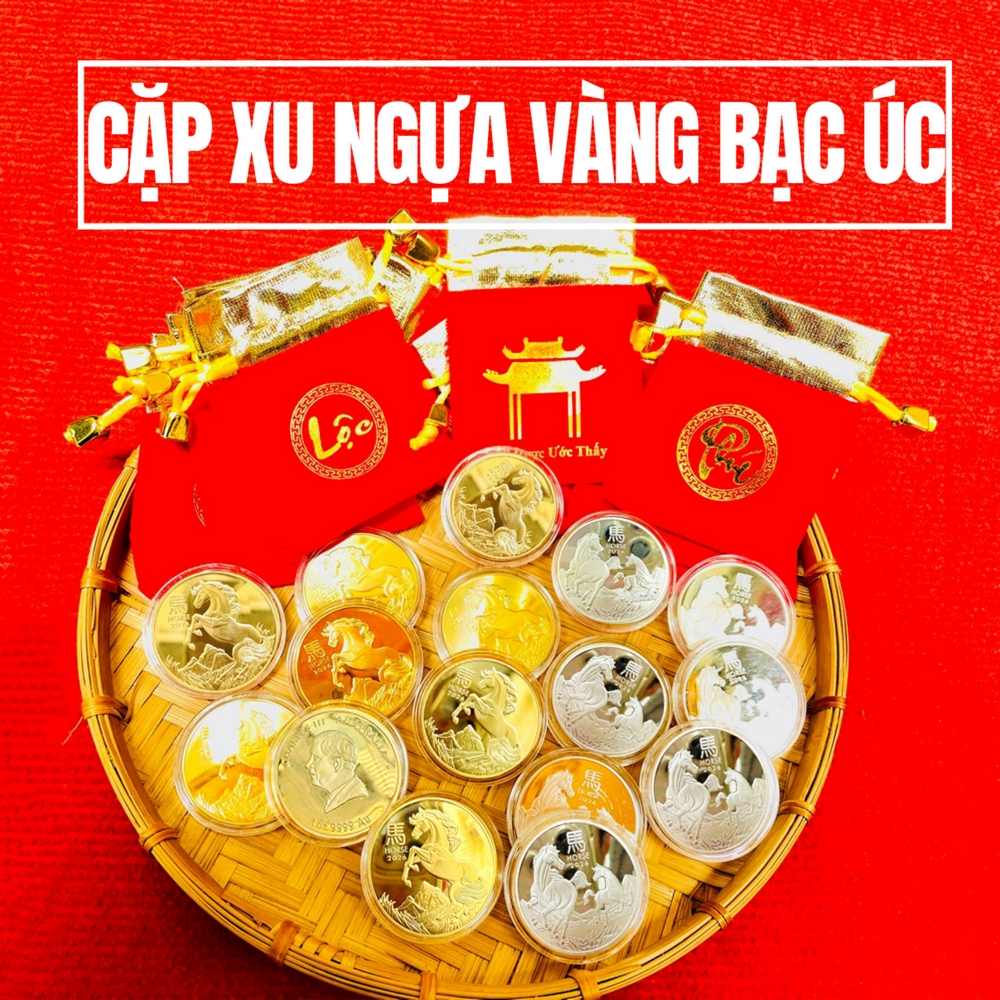Combo 10 Đồng kèm Túi , Xu Có Hình Ngựa Vàng của Úc - túi LỘC gấm đỏ tặng kèm mỗi xu