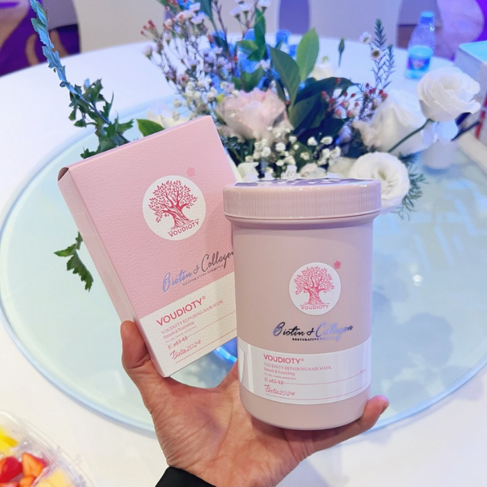Kem hấp ủ xả tóc biotin collagen voudioty 500ml phục hồi tái sinh tóc hư tổn dưỡng tóc siêu mềm mượt