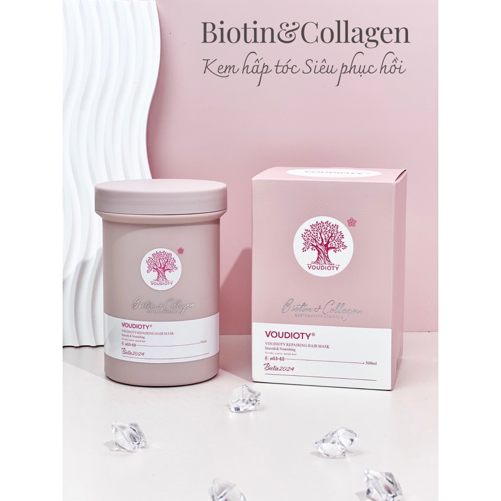 Kem hấp ủ xả tóc biotin collagen voudioty 500ml phục hồi tái sinh tóc hư tổn dưỡng tóc siêu mềm mượt
