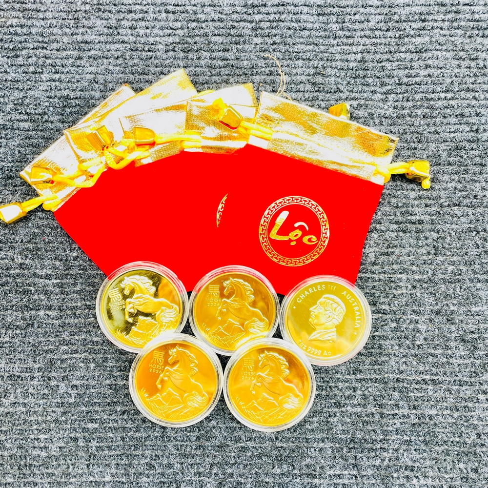 Combo 10 Đồng kèm Túi , Xu Có Hình Ngựa Vàng của Úc - túi LỘC gấm đỏ tặng kèm mỗi xu