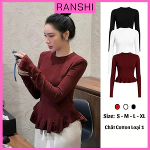 Áo Thun Dài Tay Cổ Tròn Đuôi Bèo Nữ RANSHI Hack Eo Tôn Dáng Che Khuyết Điểm Tốt Chất Cotton Mịn Đẹp