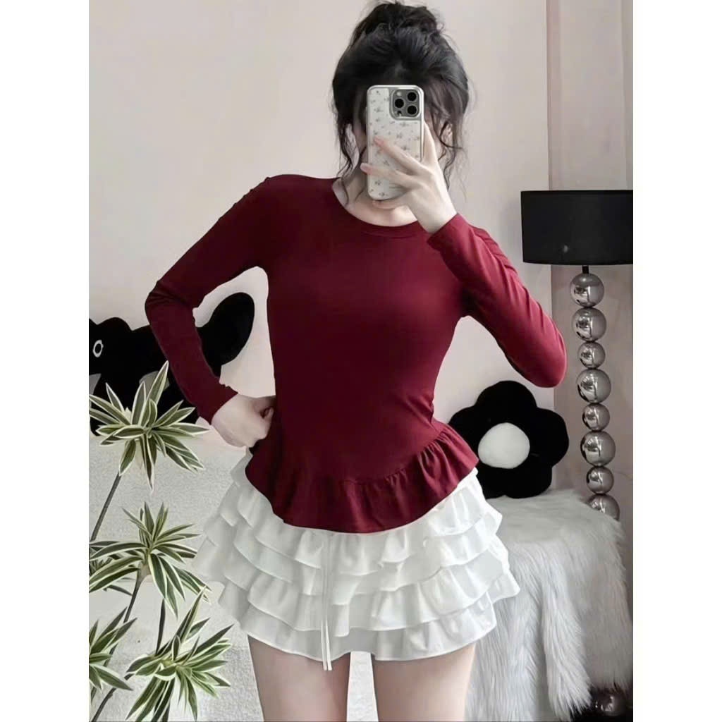 [COTTON LOẠI 1] Áo Thun Dài Tay Cổ Tròn Đuôi Bèo Nữ RANSHI Hack Eo Tôn Dáng Che Khuyết Điểm Tốt Chất Cotton Mịn Đẹp