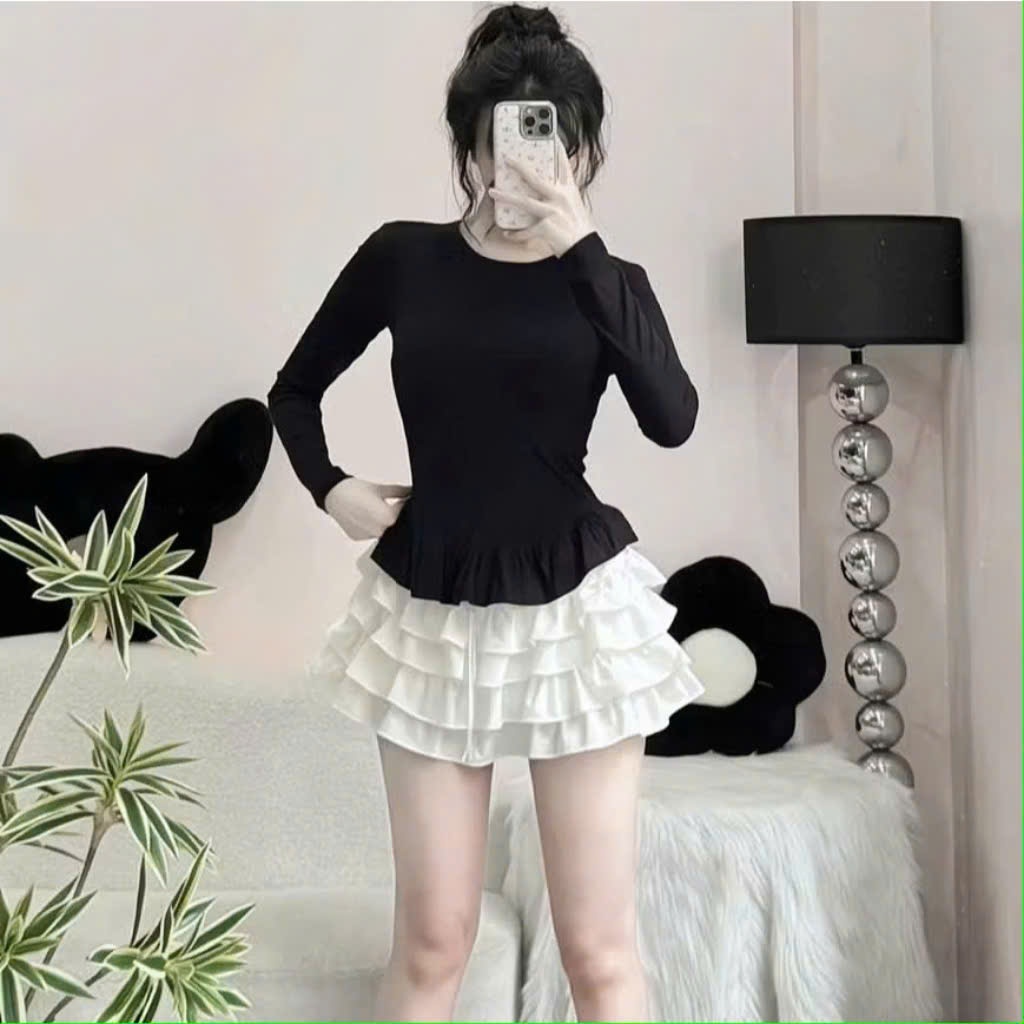 [COTTON LOẠI 1] Áo Thun Dài Tay Cổ Tròn Đuôi Bèo Nữ RANSHI Hack Eo Tôn Dáng Che Khuyết Điểm Tốt Chất Cotton Mịn Đẹp