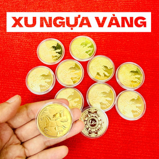🌸 Sale TẾT🌸 (5 XU) Đồng Xu Con Ngựa Mạ Vàng bằng kim loại, 1 mặt có chữ Lộc - tặng kèm túi gấm đỏ LỘC