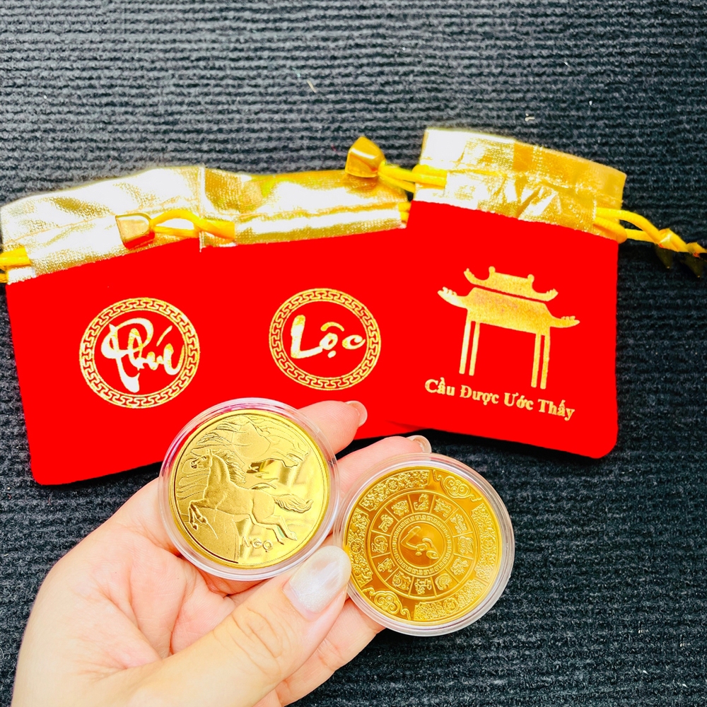 Đồng Xu Con Ngựa Lì Xì Tết May Mắn - Tặng Kèm Túi Gấm LỘC phong thủy, Quà Tết 2026