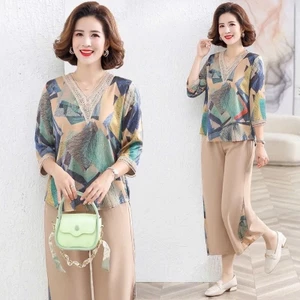 Bộ Trung Niên Lụa Mango cổ tim phối dành cho mẹ Phối Ren Thanh lịch