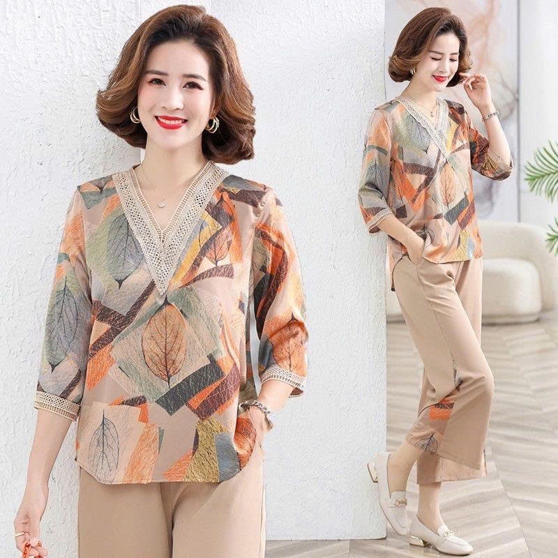 Bộ Trung Niên Lụa Mango cổ tim phối dành cho mẹ Phối Ren Thanh lịch