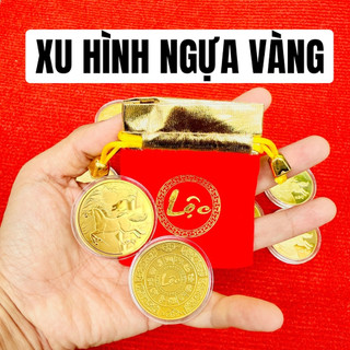 🌸BÁN CHẠY🌸 Đồng xu con Ngựa Vàng bằng kim loại , mặt sau chữ Lộc - tặng kèm túi gấm đỏ chữ LỘC