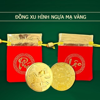 🌸 Sale TẾT🌸 (5 XU) Đồng Xu Con Ngựa Mạ Vàng bằng kim loại, 1 mặt có chữ Lộc - tặng kèm túi gấm đỏ LỘC