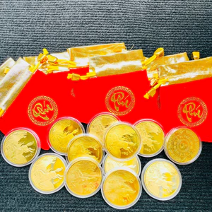 COMBO 10 Đồng Xu Ngựa Vàng mặt chữ Lộc chiêu tài, bằng kim loại màu vàng , tặng kèm túi nhung đỏ LỘC