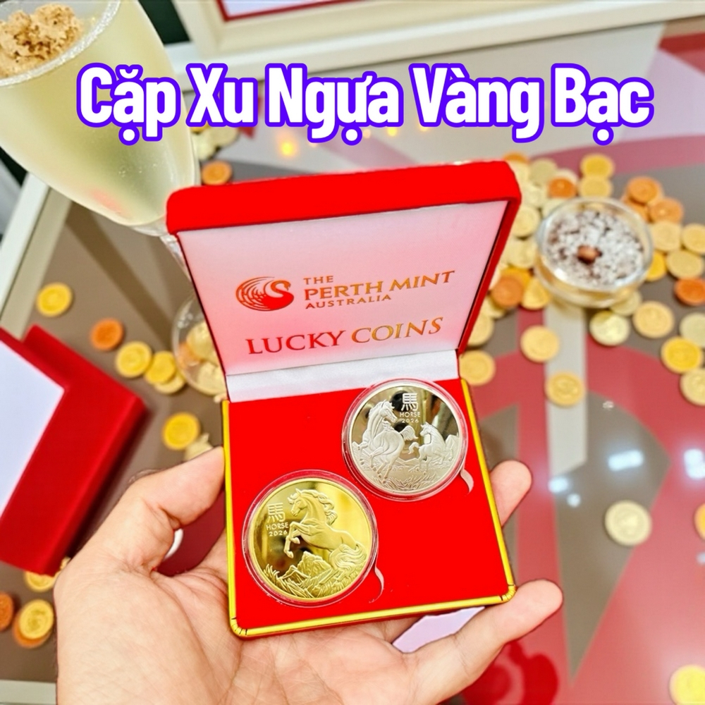 CẶP XU ÚC MẠ VÀNG MẠ BẠC 2026 HÌNH CON NGỰA, KÈM HỘP NHUNG NỀN ĐỎ