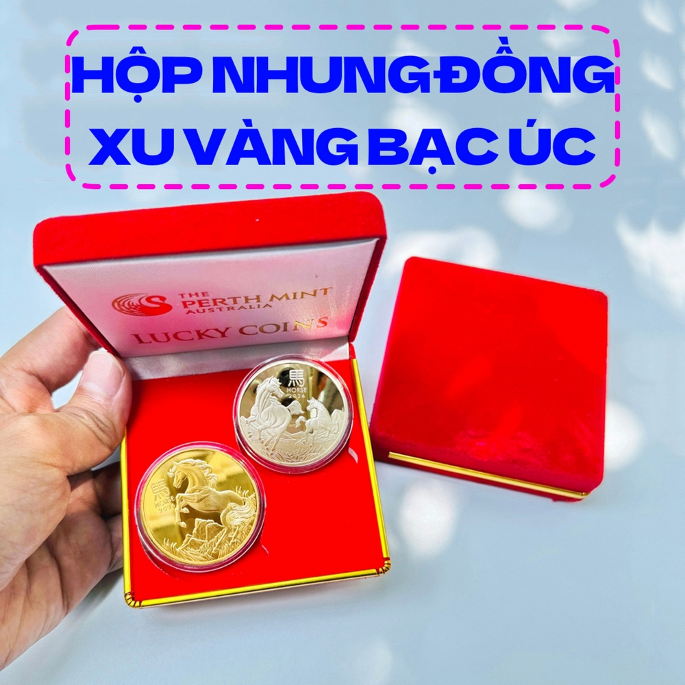 Combo 2 Xu hình con Ngựa Vàng Bạc Lì Xì Tết 2026 của Úc + hộp nhung đỏ