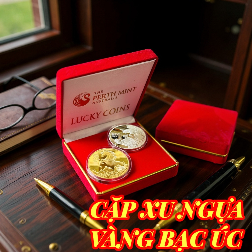 CẶP XU ÚC MẠ VÀNG MẠ BẠC 2026 HÌNH CON NGỰA, KÈM HỘP NHUNG NỀN ĐỎ