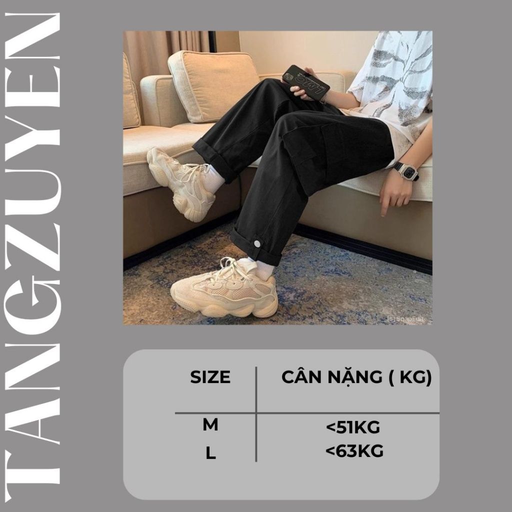 Quần ống rộng kaki túi hộp gập gấu cá tính Quần suông cạp chun dây rút be đen unsex nam nữ basic đi học đi chơi T769G