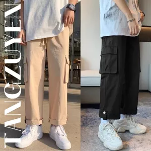 Quần ống rộng kaki túi hộp gập gấu cá tính Quần suông cạp chun dây rút be đen unsex nam nữ basic đi học đi chơi T769G