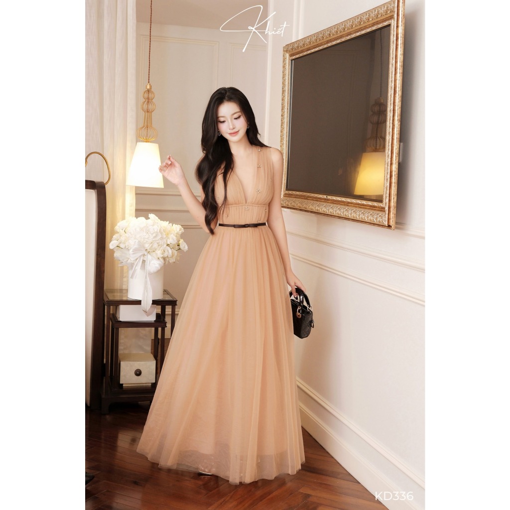 Đầm dự tiệc Khiết form váy xòe công chúa đính đá lấp lánh, lưới Milam tone nâu sang trọng KD336 KD336A