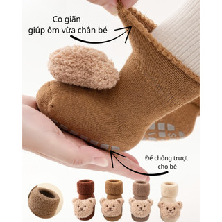 Tất vớ lót lông in hình gấu bông 3d chống trơn trượt cho bé, vớ cho bé đi trong nhà mềm mịn dễ thương