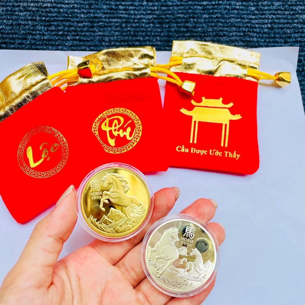 Combo xu con Ngựa Úc vàng bạc sang chảnh lì xì tết 2026 - túi LỘC nhung đỏ tặng kèm