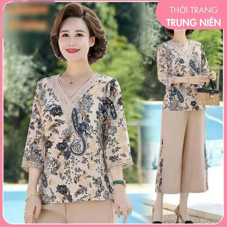 Bộ quần áo trung niên, Bộ Trung Niên Lụa Mango cổ tim phối ren Món quà dành tặng cho mẹ ý nghĩa