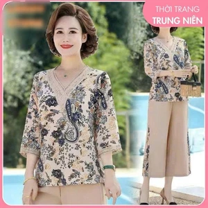 Bộ quần áo trung niên, Bộ Trung Niên Lụa Mango cổ tim phối ren Món quà dành tặng cho mẹ ý nghĩa