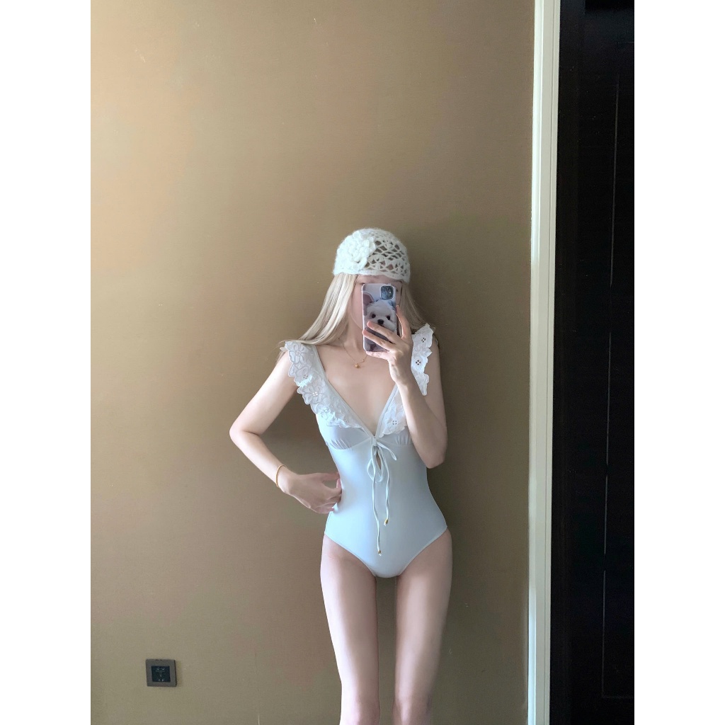 [HỎA TỐC HÀ NỘI] 2Soonsumff Bikini trắng liền thân ôm body cổ V không tay hở lưng phối ren sexy đi biển cho nữ