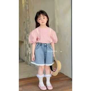 [B&G] Sét bộ bé gái áo thêu hồng tay bồng kèm quần đùi jean mềm mùa hè bé từ 10-45kg(2-12 tuổi)