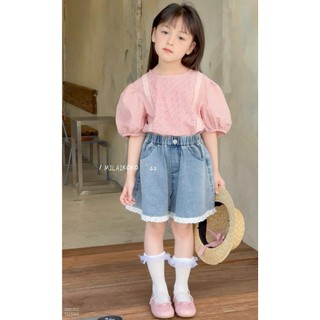 [B&G] Sét bộ bé gái áo thêu hồng tay bồng kèm quần đùi jean mềm mùa hè bé từ 10-45kg(2-12 tuổi)