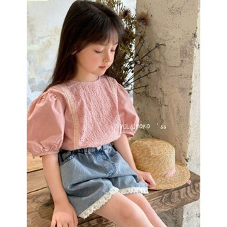 [B&G] Sét bộ bé gái áo thêu hồng tay bồng kèm quần đùi jean mềm mùa hè bé từ 10-45kg(2-12 tuổi)