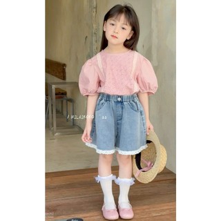 [B&G] Sét bộ bé gái áo thêu hồng tay bồng kèm quần đùi jean mềm mùa hè bé từ 10-45kg(2-12 tuổi)