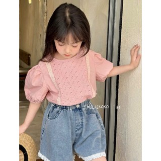 [B&G] Sét bộ bé gái áo thêu hồng tay bồng kèm quần đùi jean mềm mùa hè bé từ 10-45kg(2-12 tuổi)